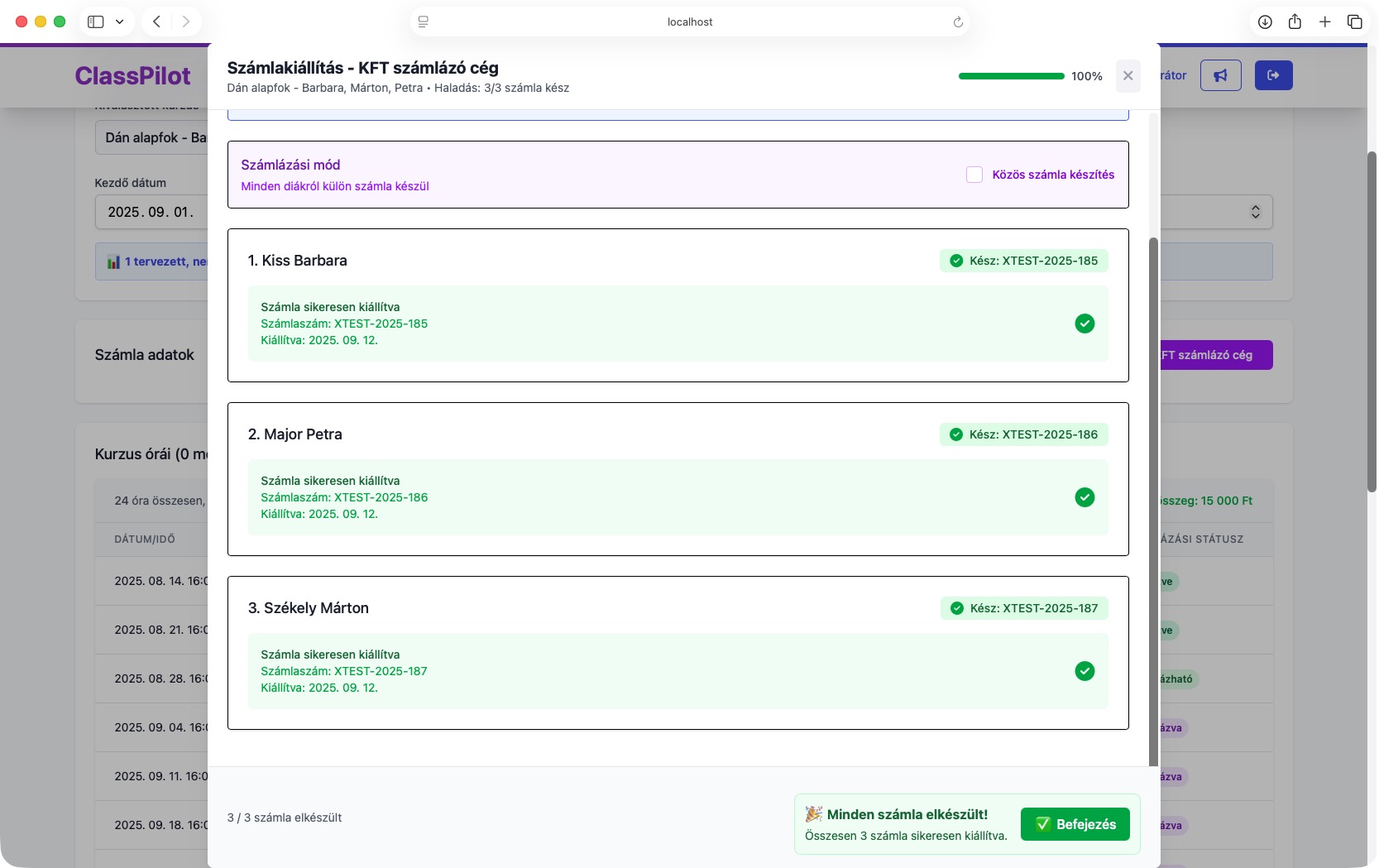 ClassPilot – Teljes számlázási folyamat – 30 másodperc alatt