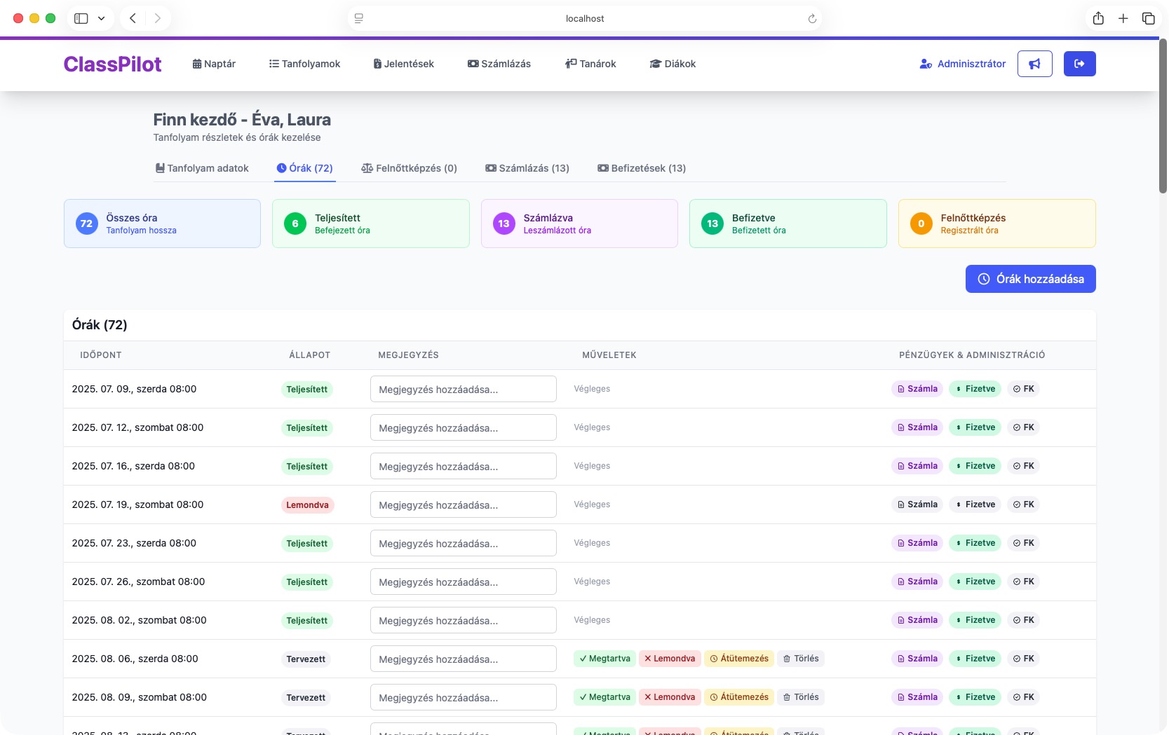 ClassPilot – Részletes információk az órák státuszáról