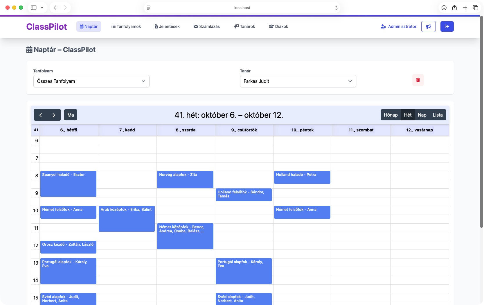 ClassPilot – Naptár